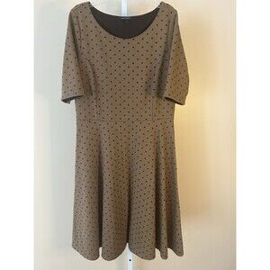 Women Lands End A Line Fit & Flare  Dress Polka Dot Brown Tan Short Sleeve Sz.M